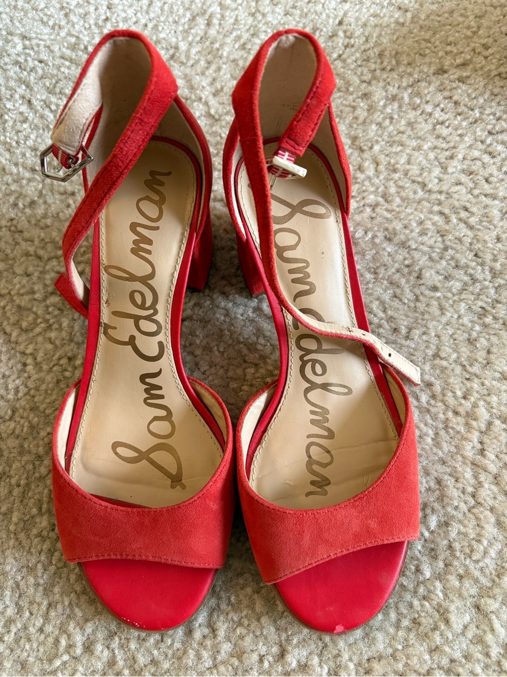 Sam Edelman Red Suede Open-Toe Block Heel Sandals